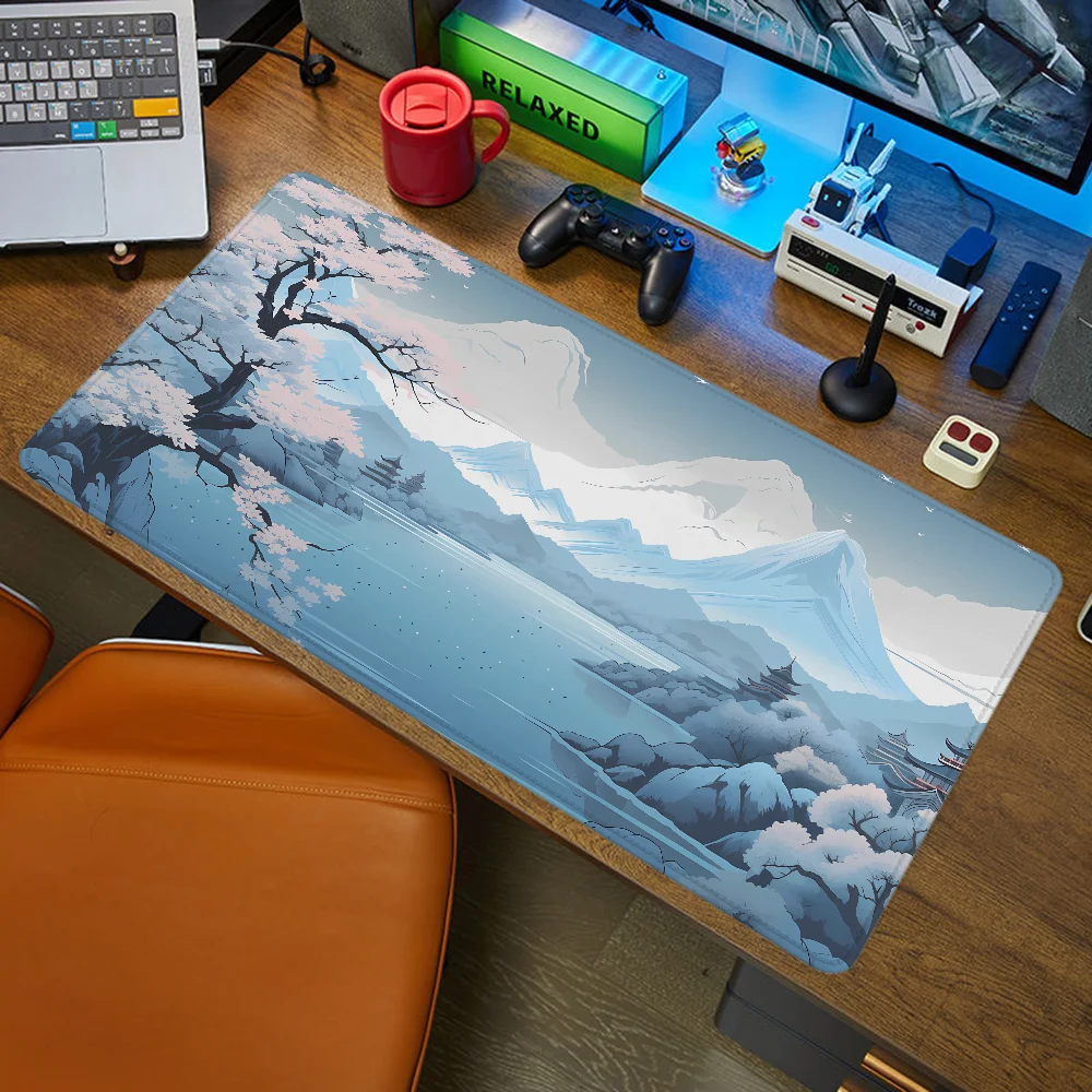 Large Desk Mat Blue Japanese landscape Mousepad Gamer Accessories Mouse Mat Rubber Big Mouse Pad Computer Keyboard Pads