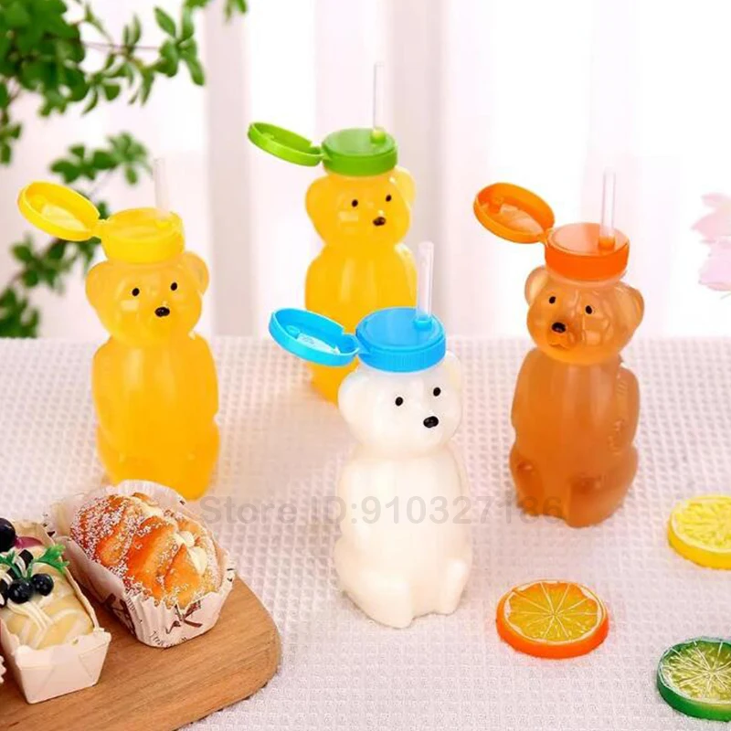 24Pc 8oz Honey Jar Plastic Empty Honey Bear Bottle with Straws Empty Honey Squeeze Bottle Bear Shaped Containers for Honey Juice