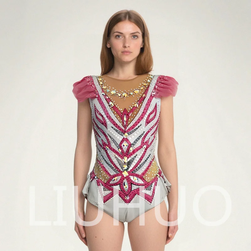 Justaucorps de gymnastique rythmique LIUHUO rose blanc performance de pom-pom girl compétitif pour les filles