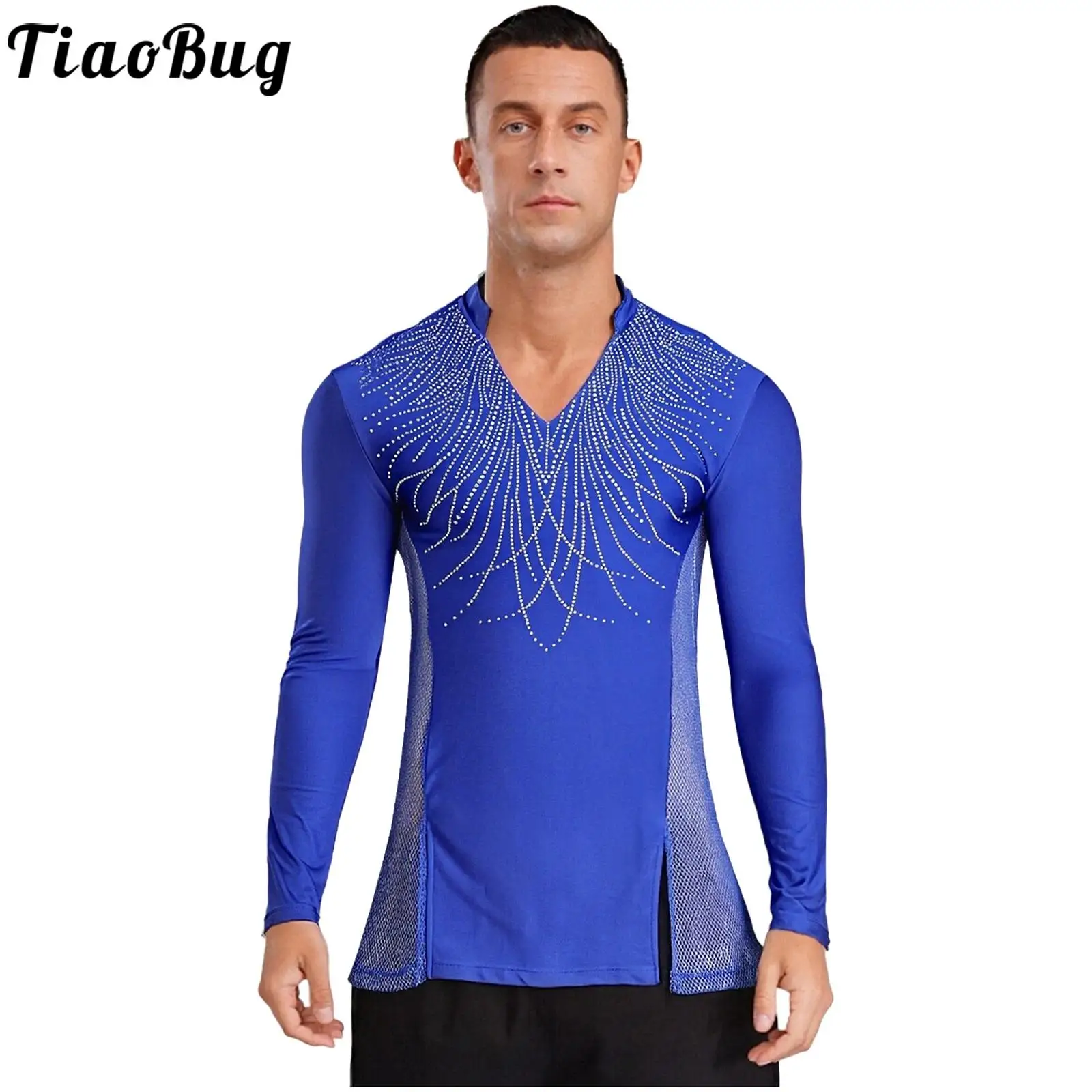 

Mens Latin Ballet Dance Top Glittery Rhinestones Long Sleeve Patchwork Side Mesh T-shirt Dancewear for Gymnastic Tango Ballroom