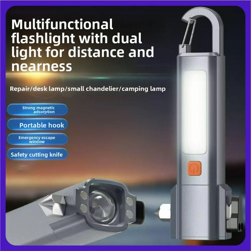 

Многофункциональный светодиодный фонарик с оконным выключателем - яркий боковой фонарь 2-в-1 Магнитный безопасный молоток с масштабированием для кемпинга