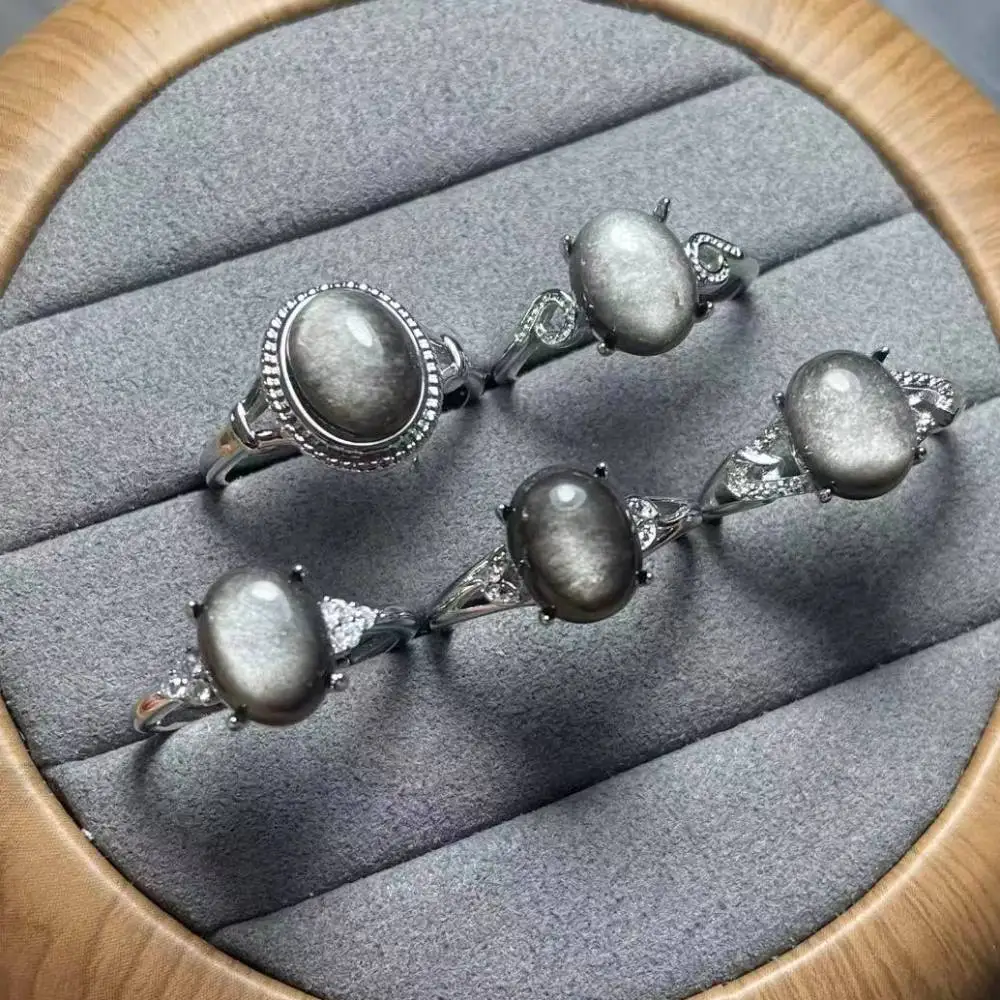 

5 колец, регулируемое кольцо из натурального серебра с обсидианом, белое медное кольцо для женщин, кольцо около 8*10 мм