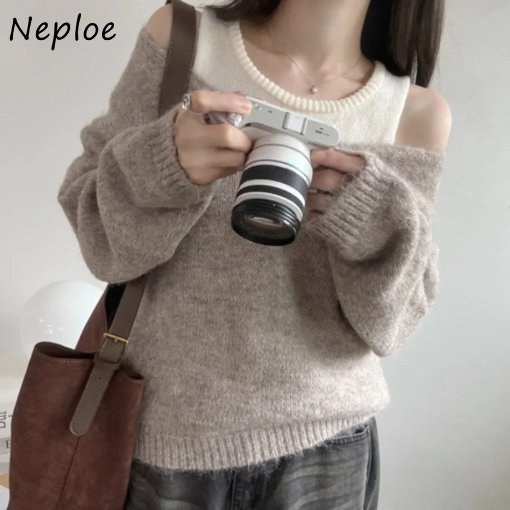 Neploe Casual Korea Chic Lazy Loose Simple Set Pullover Knit Vest Long Sleeve Sweater Sling Exquisite Soft Cute Suits Ropa Mujer