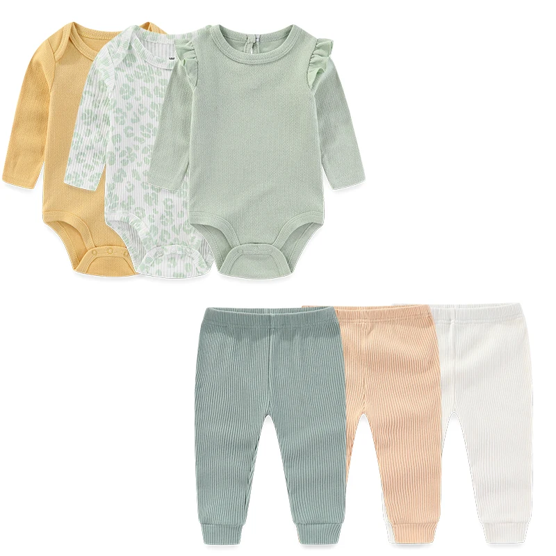 مجموعة ملابس يومية للأطفال مكونة من 6 قطع من ملابس الأطفال حديثي الولادة من القطن الناعم + سراويل تناسب ملابس الرضع بأكمام طويلة