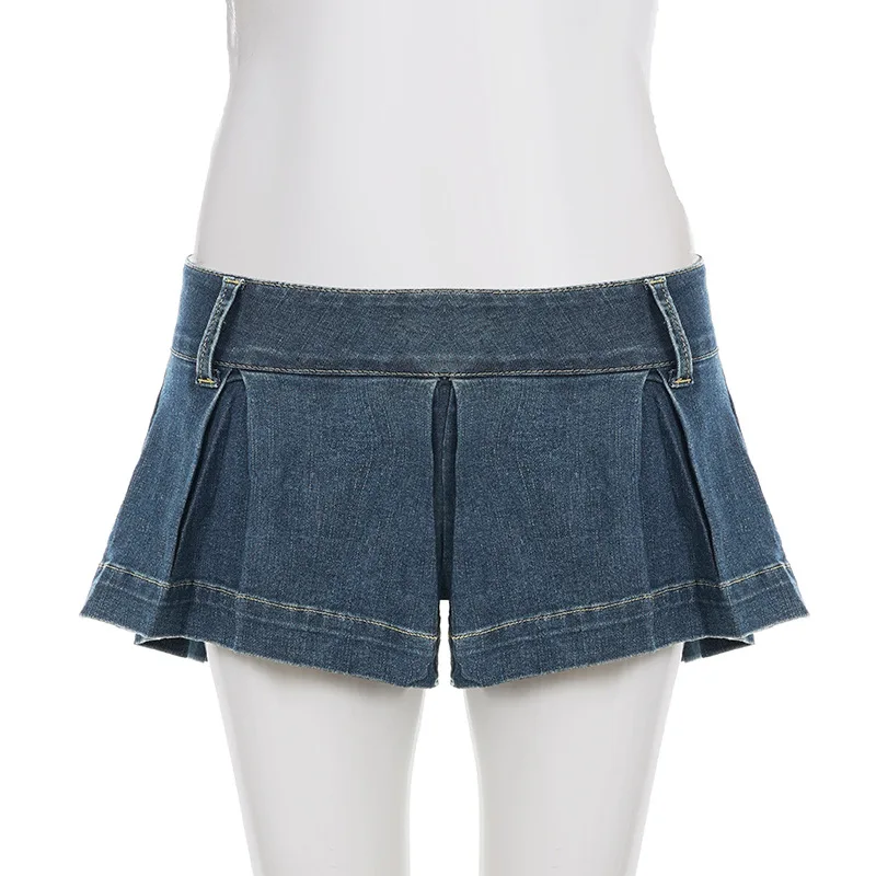جديد ريترو مثير المرأة الصيف منخفضة الخصر البسيطة مطوي الدنيم السراويل تنورة المألوف الشارع Y2k Harajuku القوطي السراويل
