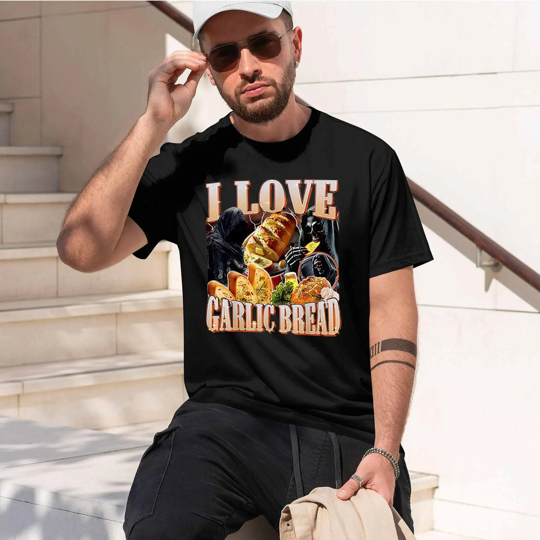 2026 new printed T-shirt Men's Funny Grim Reaper Graphic T Shirt I Love Garlic Bread Novelty Humor Casual Tee