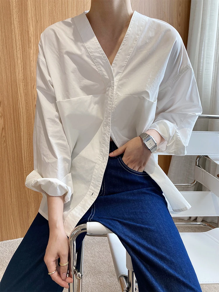 LANMREM Minimalism Shirt Women\'s V-neck Long Sleeves Single Breatsed Solid Color Casual Blouses 2024 Autumn New Clothing 2Z2423