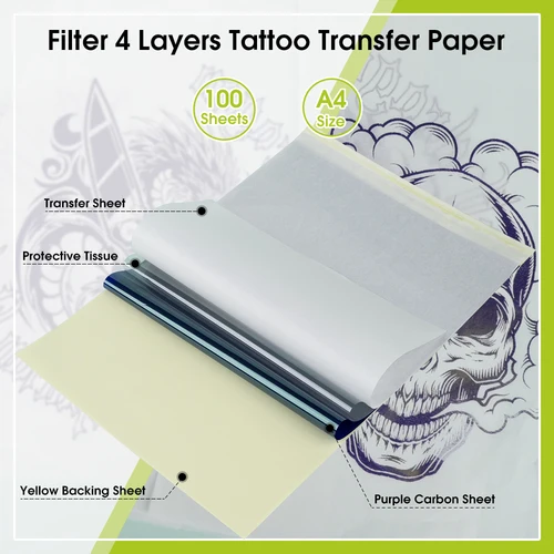 Imagen 2 del producto 100 Uds filtro de papel de transferencia de tatuaje tamaño A4 papel de plantilla de tatuaje papel de copia térmica de carbono para máquina de transferencia de tatuajes
