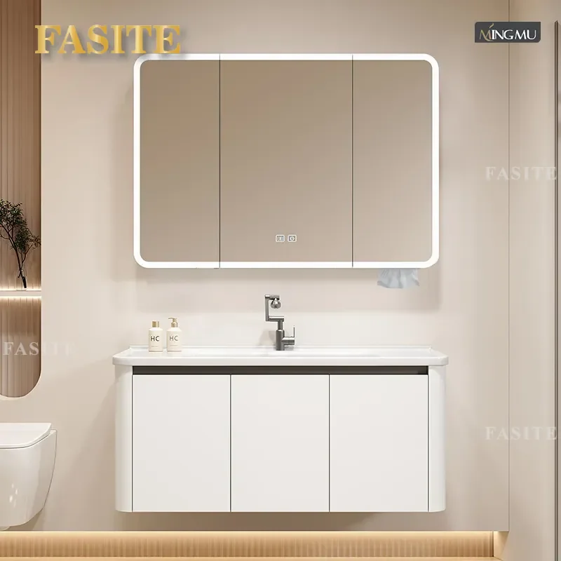For Bathroom Rounded Corner Ceramic Integrated Wash Basin Mirror Cabinet Light Luxury Hotel Wholesale Furniture