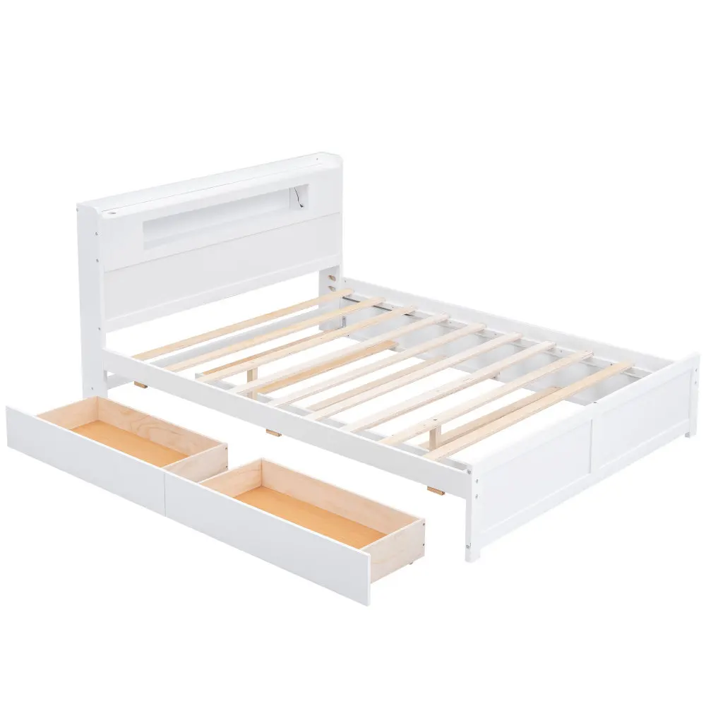 Queen-Size-Plattformbett aus Holz mit Stauraum, LED, 2 Schubladen und 1 Twin-Size-Rollbett, Boxspring ist nicht erforderlich, Bettgestell für Schlafzimmer