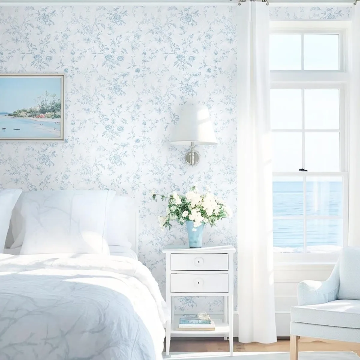 Vintage Blue Sketch Floral Peel and Stick Wallpaper Removable Self-Adhesive Botanical Contact Paper Home Wall Decor