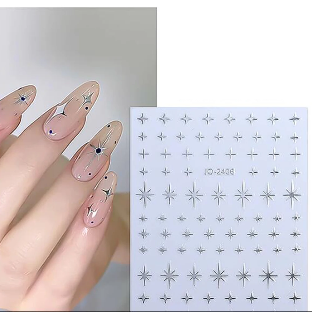 Pegatinas metálicas de corazón 3D para decoración de manicura, deslizador autoadhesivo, láser holográfico, Estrella y Luna, 1 hoja