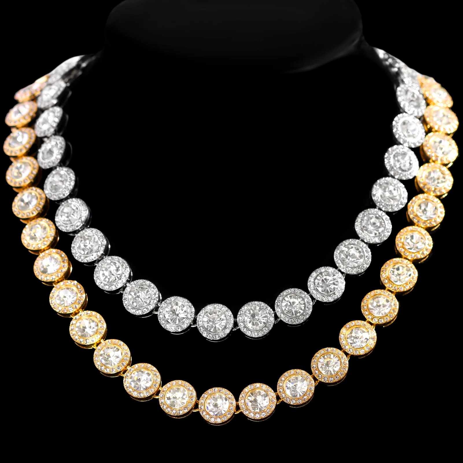 Women Men Luxury Shine Round Cuban Necklace Bling Gold Silver color full Rhinestones Paved Tennis Chain Necklace Hip Hop Jewelry