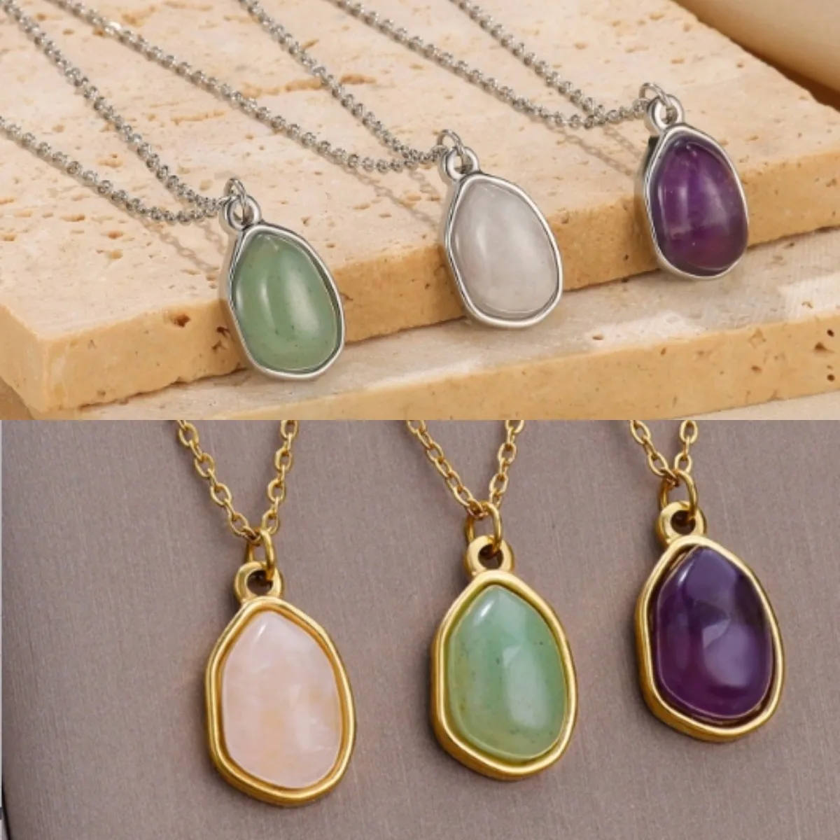 Vintage Naturstein Oval Anhänger Halsketten Für Frauen Männer Gold Farbe Opal Halsketten Edelstahl Schmuck Beste Freundin Geschenk