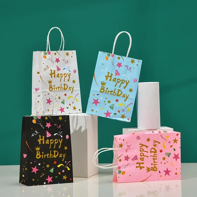 20-50pcs Gift Bag Packaging Handle Paper Storage Candy Cookie Happy Birthday Party Favor Jewelry Bronzing Tote Bags Cute Pattern