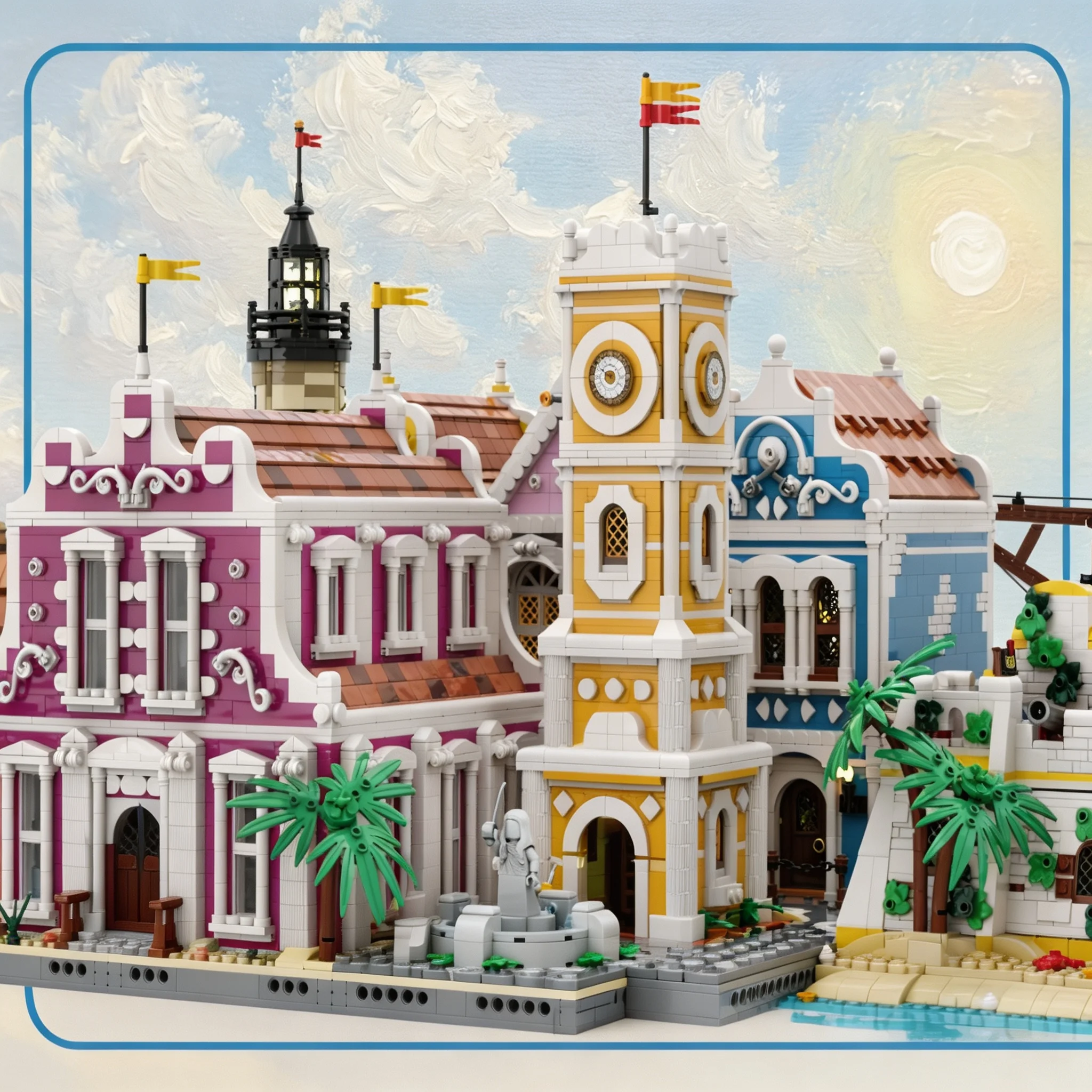 1023pcs MOC Clocktower Seafarer's Bay Pirates Model Building Blocks Christmas Gift Architecture Toy Idea DIY Art Creative Kit