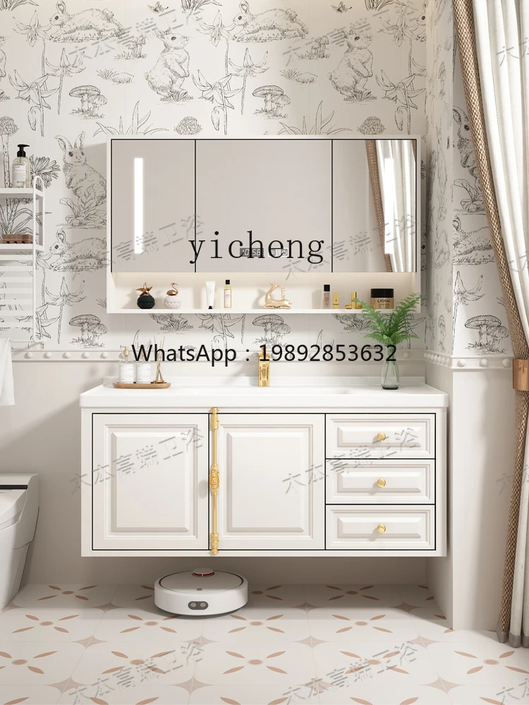 ZZZc Solid Wood Paint Bathroom Cabinet Combination Integrated Ceramic Basin Bathroom Cabinet Washbasin Cabinet