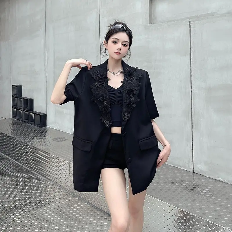 

Женский летний блейзер с кружевными вставками и вырезами, короткий рукав, топ-пиджак