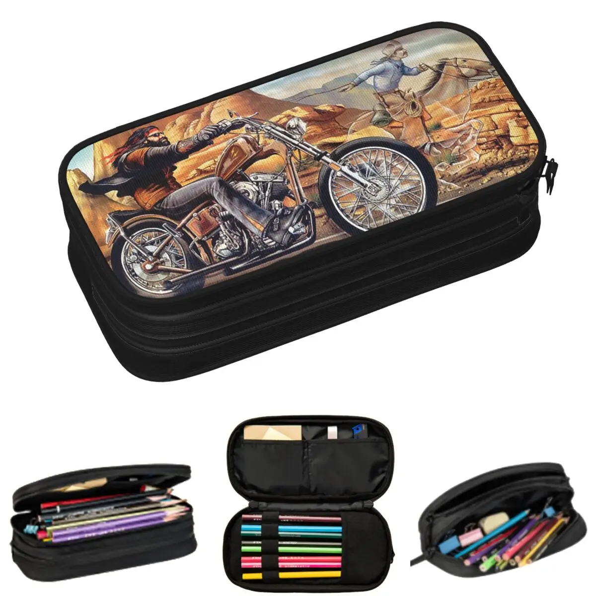 

Cool Cartoon Motorcycle Punk Style Print Pencil Cases for Students School Pen Box Pencil Bag Large Storage Pencil Pouch