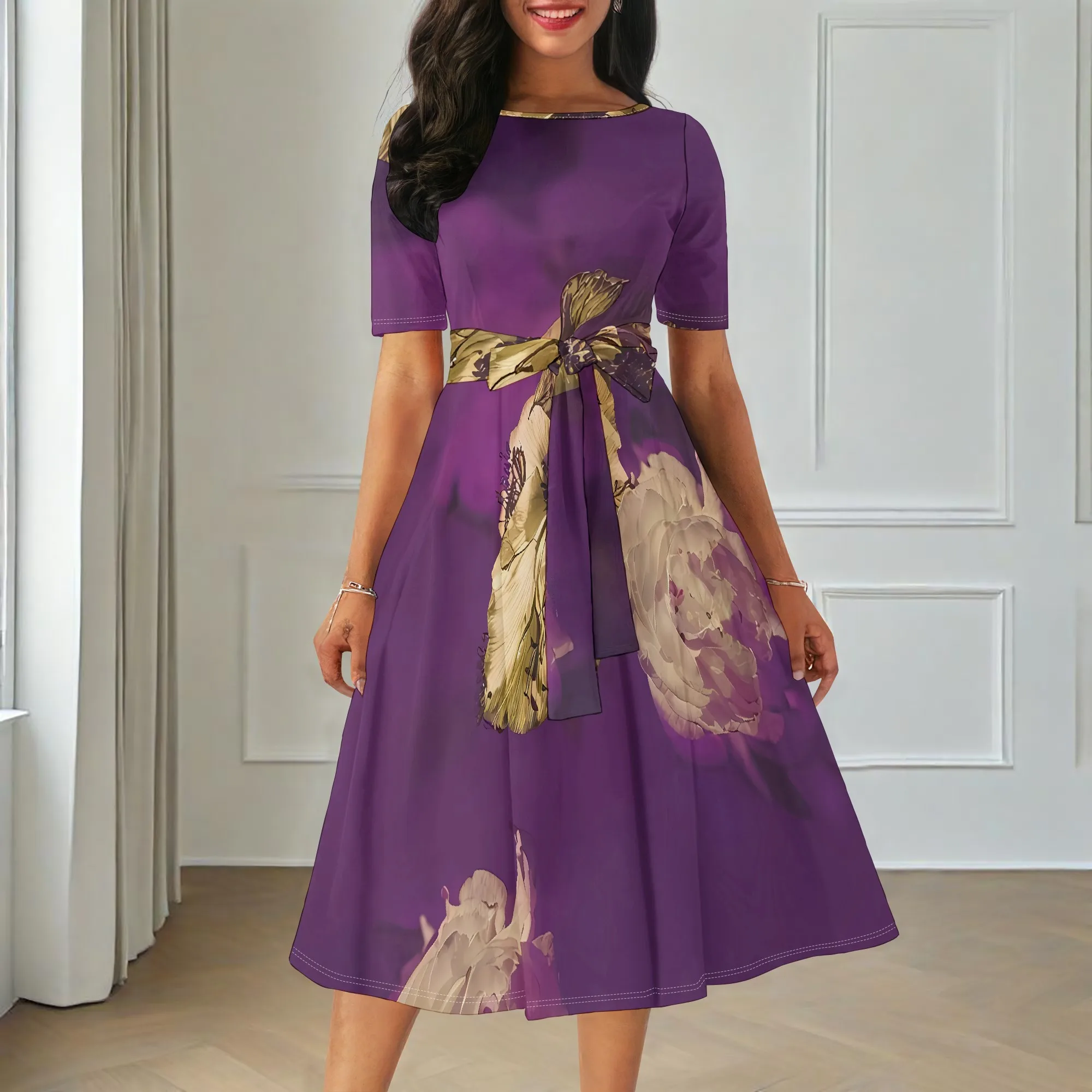 

Women's Summer Fashion Printed Short Sleeve Splits On Both Sides Maxi Dress for Sleeve Pocket Dress3D Printed