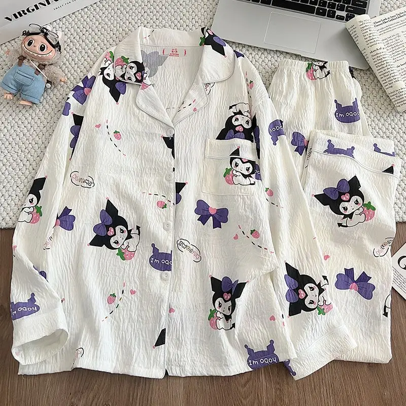 

Новый комплект женской хлопковой пижамы Sanrio Kuromi: милый мультяшный дизайн, для студентов, с длинным рукавом, брюки, ночная рубашка, весенняя домашняя одежда
