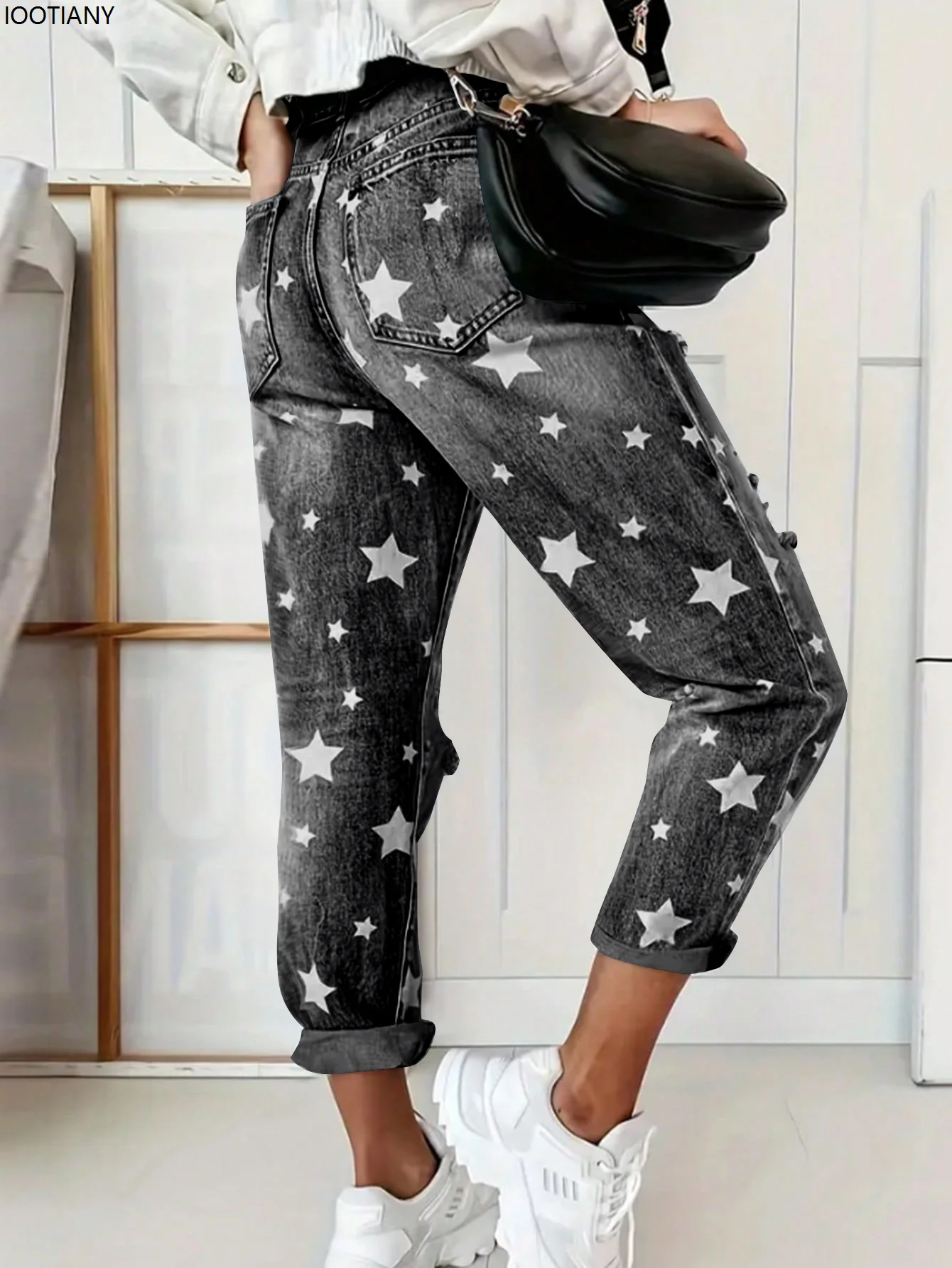 Yeni Erkek Arkadaşı Kot Kadın Slim Fit Yırtık Kot Moda Kadın Beş Köşeli Yıldız Yırtık Kot Sokak Rahat Mavi Kot 2025