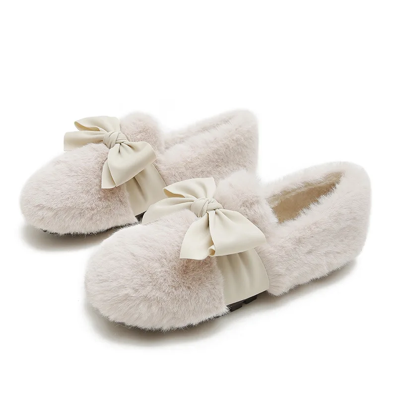 Casual Woman Shoe Female Footwear Loafers Fur Round Toe Elegant Shallow Mouth Moccasin New Dress Winter Slip-On Flock Fabric Can