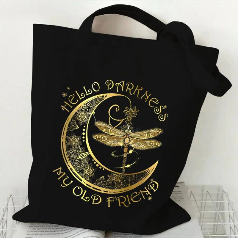 Dragonfly Tote Bag for Women, Gold Moon Dragonfly Reusable Canvas Shoulder Bag Hello Darkness My Old Friend GiftsBoho Moon Tote
