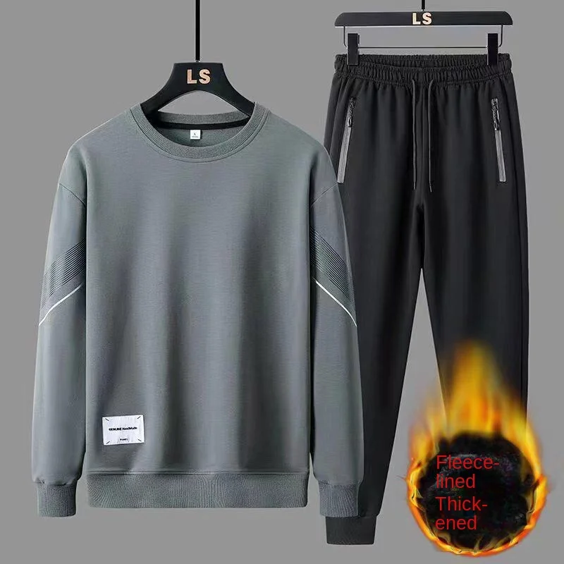 Men Tracksuit 2‑Piece Set Crew Neck Striped Sweatshirt + Zipper Pocket Jogger Pants Spring Autumn Loose Casual Sportswear Men Bi
