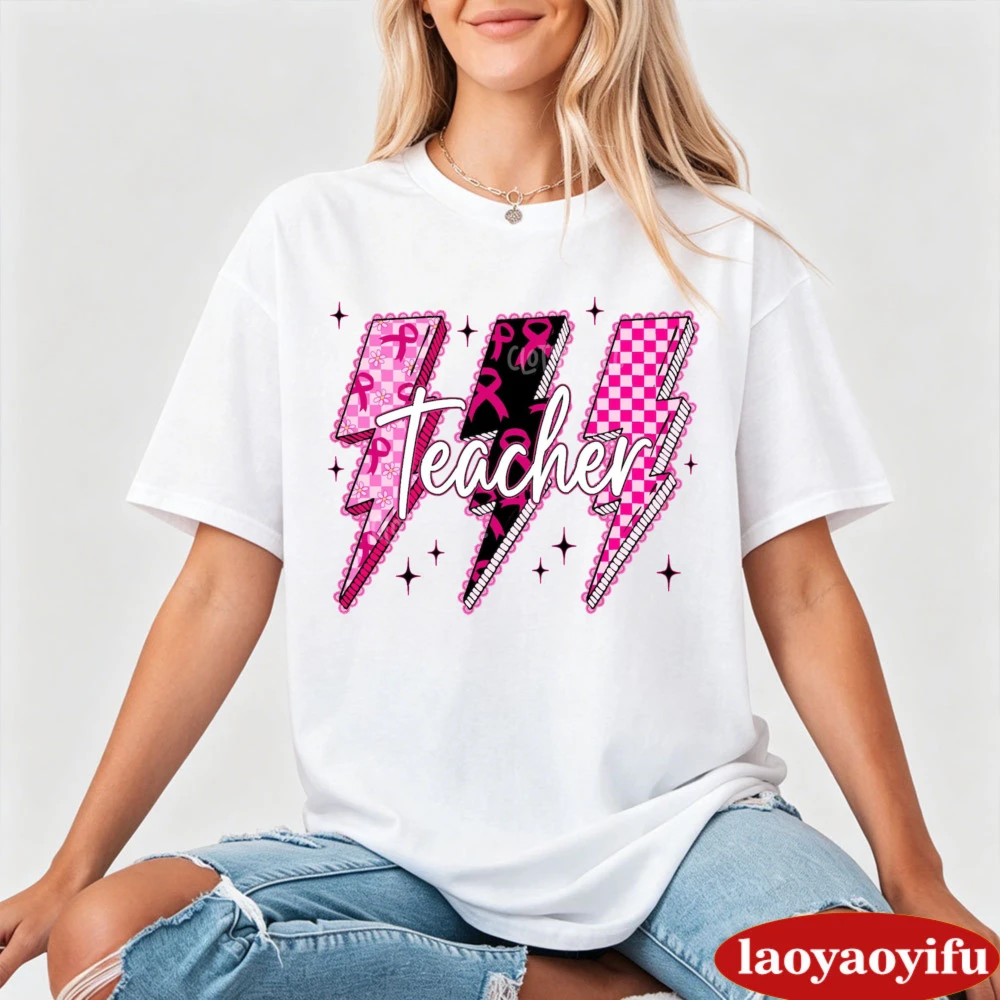 Teacher Lightning Bolt T Shirt Women Pink Checkered Ribbon Graphic Tee Breast Cancer Awareness School Staff Top