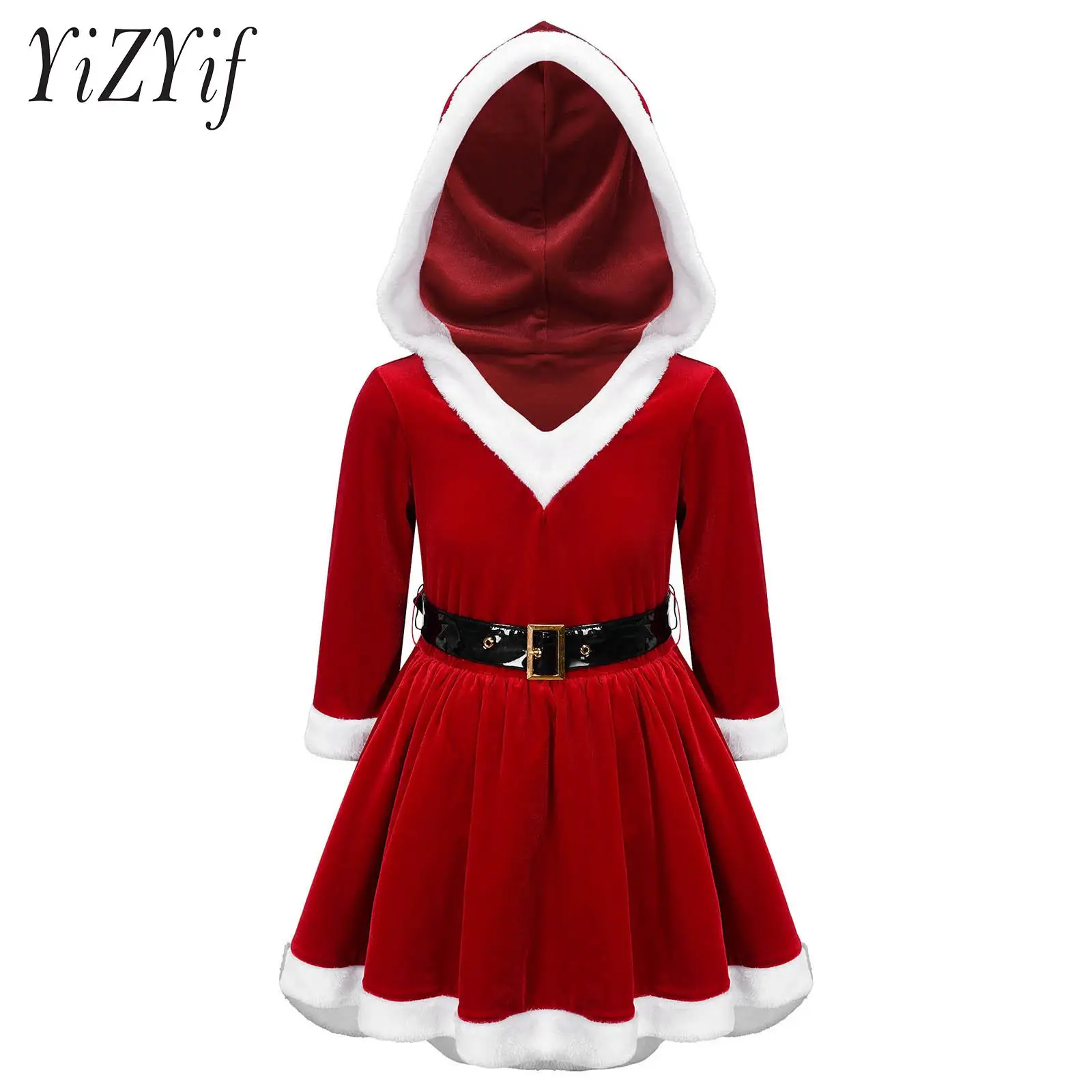 Kids Girls Christmas Costume Long Sleeve V Neck White Terry Edge Multi Layer Mesh Velvet Hooded Dress with Belt Santa Mini Skirt