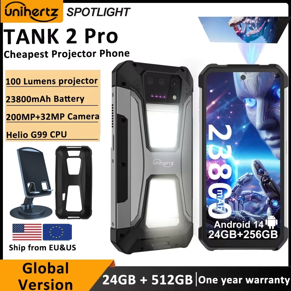 Unihertz Tank 2 PRO 8849 Rugged phones with Projector 2.4K 23800 mAh 24GB+512GB Android 14 100MP NFC 120W G99 Octa Core Dual SIM