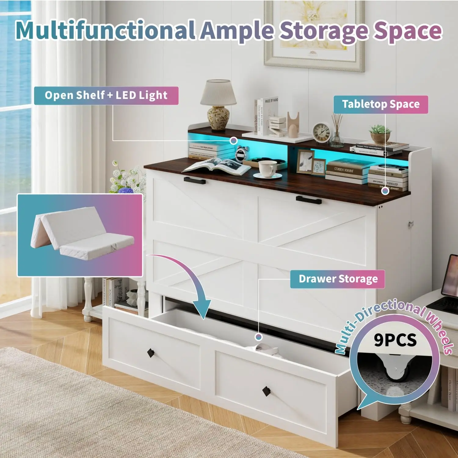 Murphy Wall Bed with Mattress LED Lights Storage Queen, Customized view 4