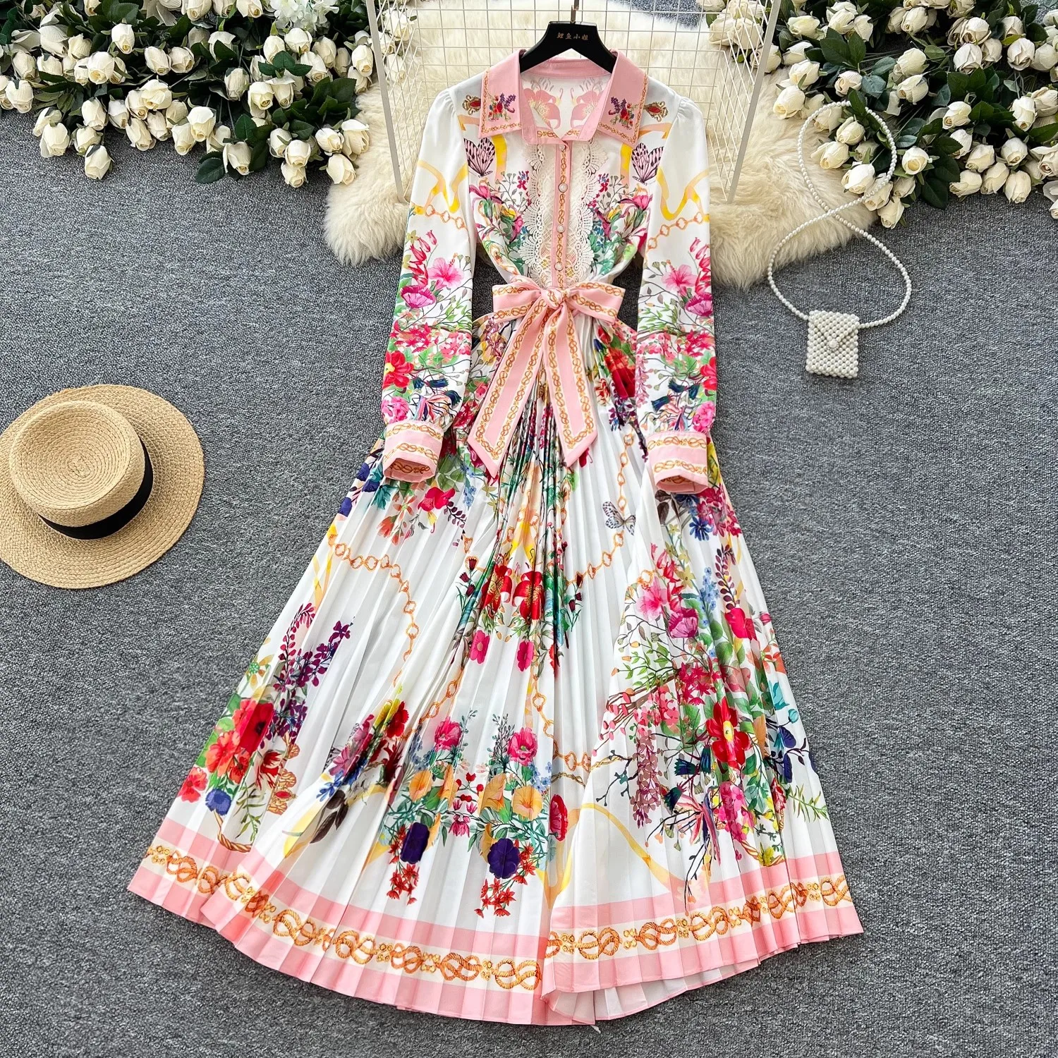

French Elegant Lace Splicing Pleated Dress Women's Lapel Long Sleeve Sashes Buttons Party Dress Female Casual Holiday Clothing
