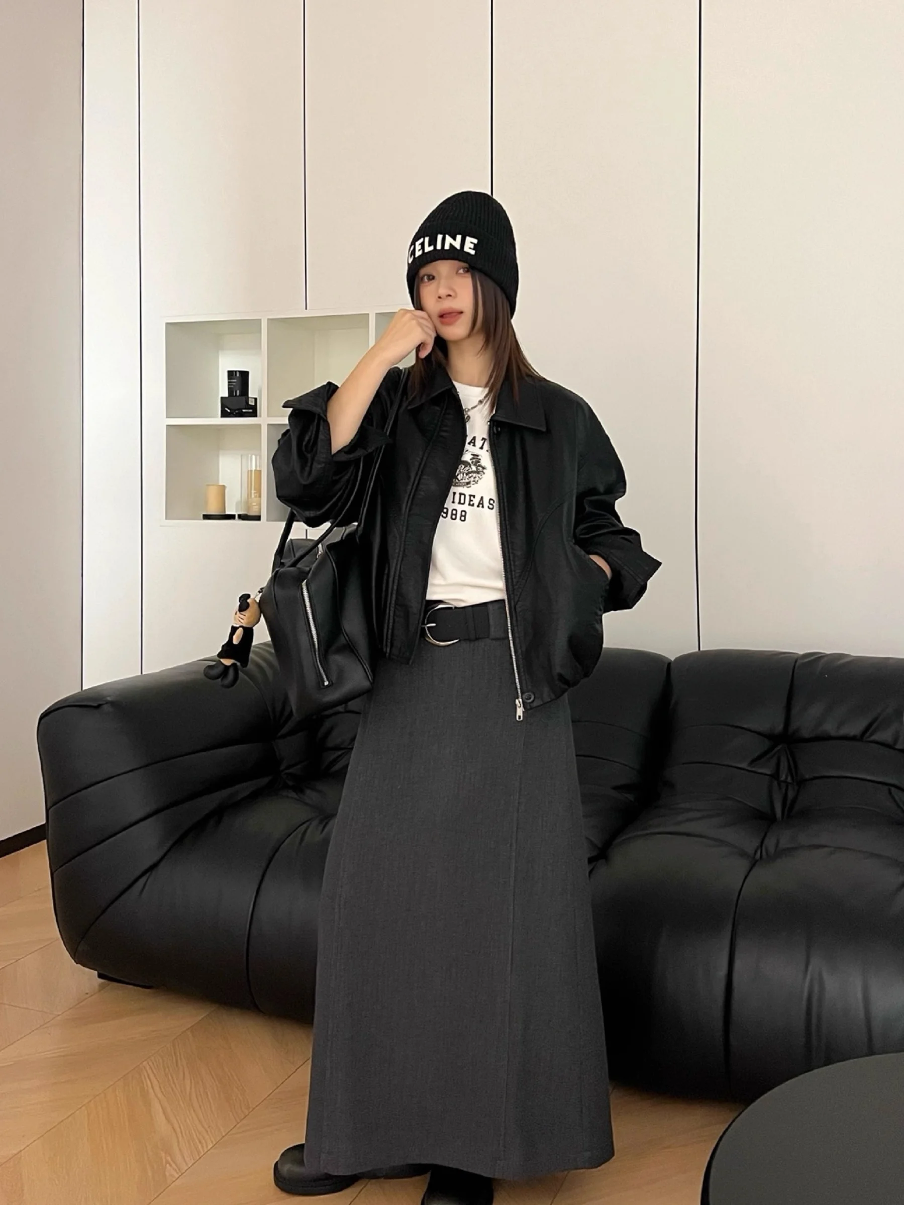 Jaqueta Feminina de Couro Sintético para Outono/Inverno com Zíper, Algodão Quente e Grosso, Estilo Casual Retrô, Jaqueta Preta com Gola de Aba Quente