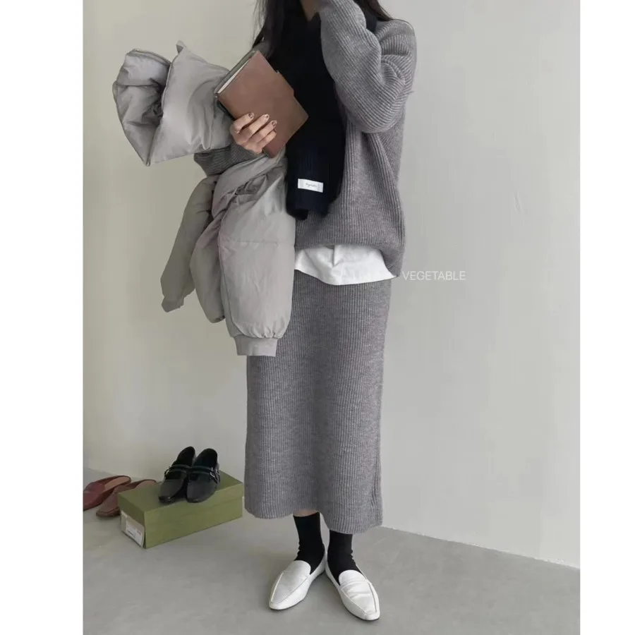 Office Ladies Elegant Solid Knitted Skirts Sets For Women Pullover Loose Knit Sweater+high Waist Skirt Two Pieces Set Knitwears