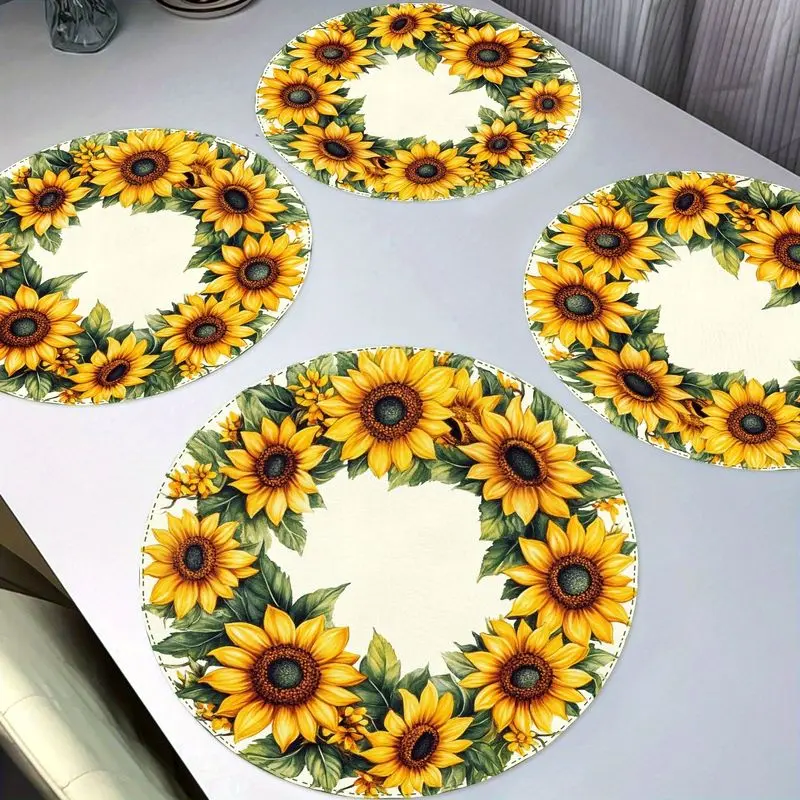 VIKAMA Sunflower Wreath Leave White Meal Mat Thermal Insulation Fabric Table Mat Rural Healing Series Mat Table Decoration