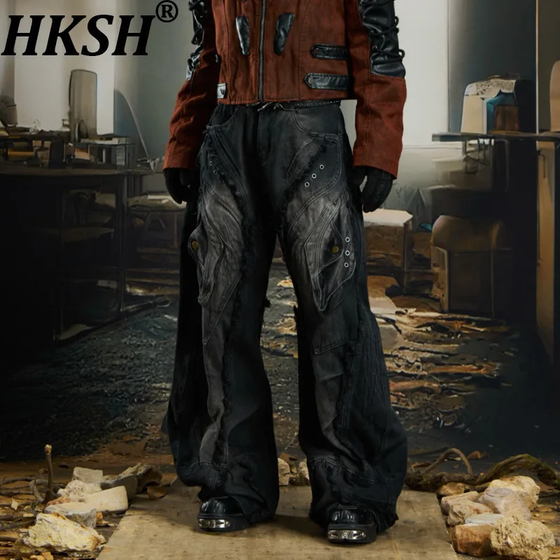 

HKSH весна осень новые мужские Waste Land Punk тяжелые деконструированные джинсовые брюки потертые винтажные джинсы Techwear Chic Ins темный HK14781