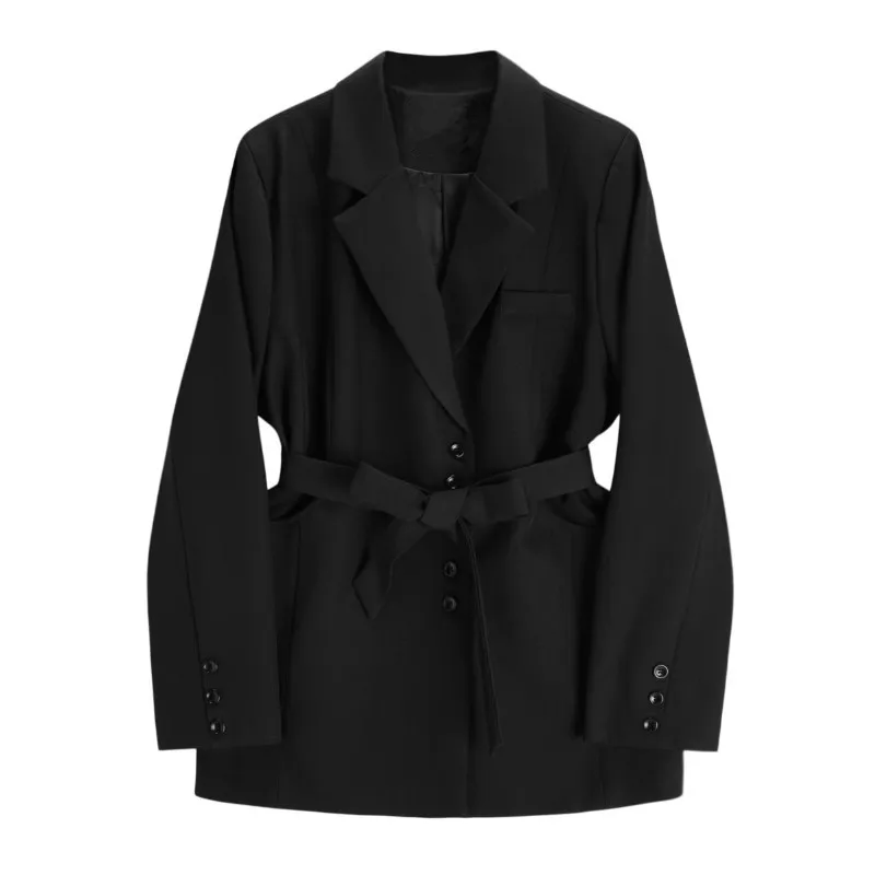 Veste courte trempée avec ceinture pour femme, col cranté, simple boutonnage, manches longues, blazers féminins, vintage, décontracté, automne