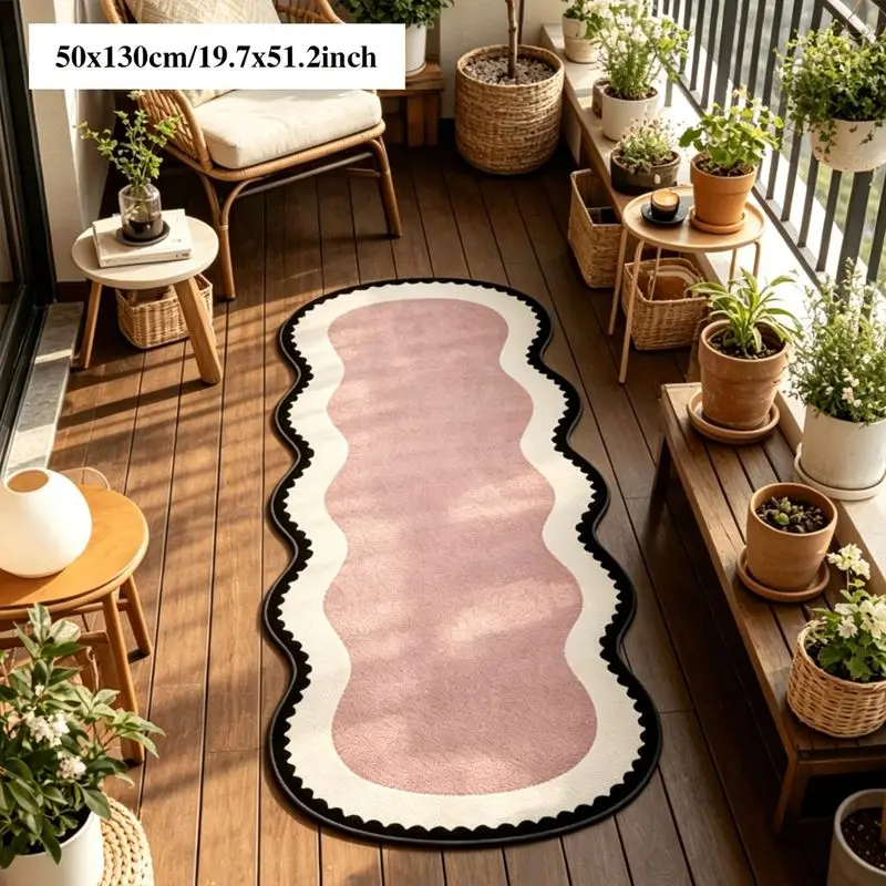 VIKAMA Wavy Blue Runner Rug Long Irregular Shape Non Slip Soft Flannel Floor Mat for Bedroom Bedside Kitchen Hallway Minimalist