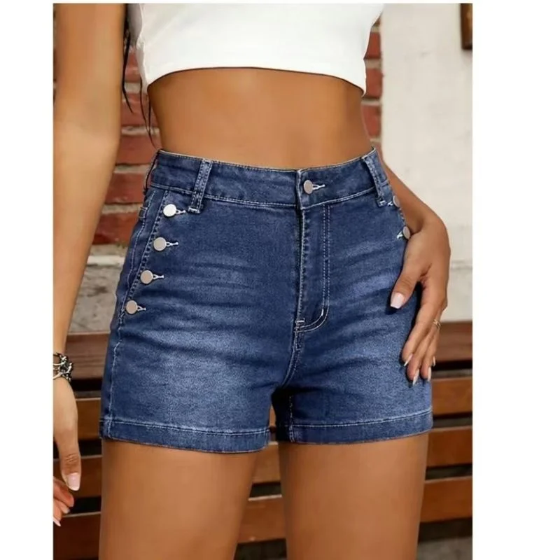Girls High Waist Thin Side Button Placket Jeans Female Korean Solid Color Denim Shorts Lady Skinny Flap Pockets Short Pants