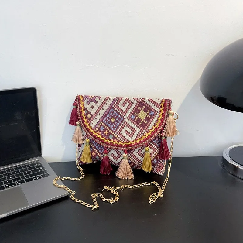 Aesthetic Contrast Colour Tassel Chain Crossbody Bags For Women National Knitting Canvas Shoulder Bag Ladies Handbags and Purses