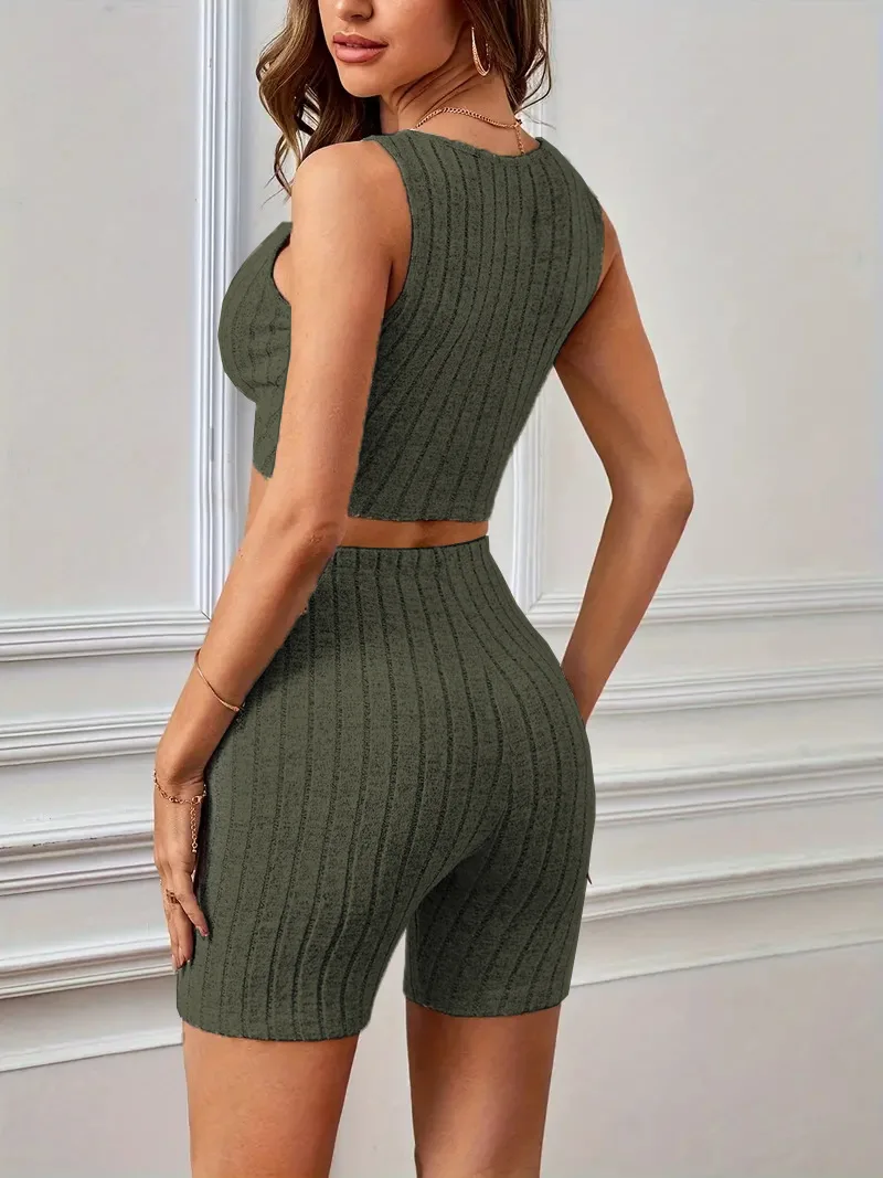 Home Wear High Waist Vest Casual Comfortable Round Neck Women's Suit Solid Color Pit Strip Sleeveless Top Shorts Two-piece Set