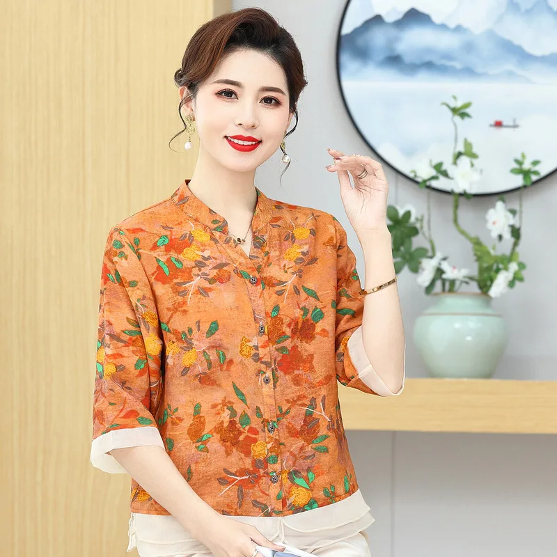 

2024 Summer New Middle aged Mom Short sleeved Shirt Fashion Loose Top Middle aged Loose Slimming Women's Small Shirt