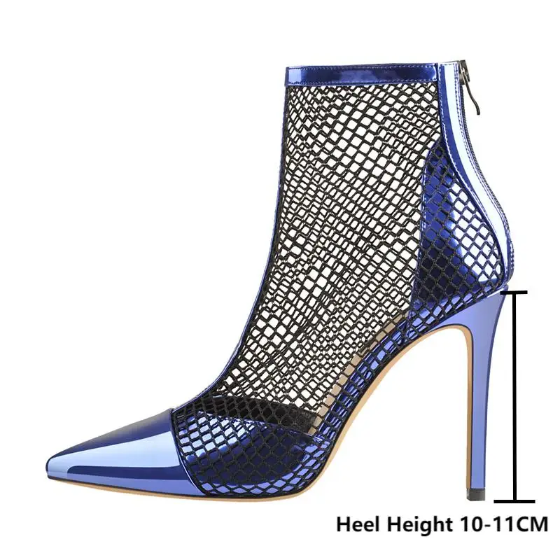 Onlymaker Women Fishnet Zipper Ankle Boots Pumps 10CM High Heels Sandals Sock Fashion Blue and Red ladies Booties Big Size