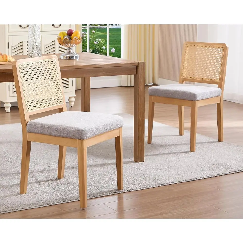 

2-Piece Grey Chenille Rattan Dining Chairs with Natural Wood and Wicker Back for Kitchen or Living Room