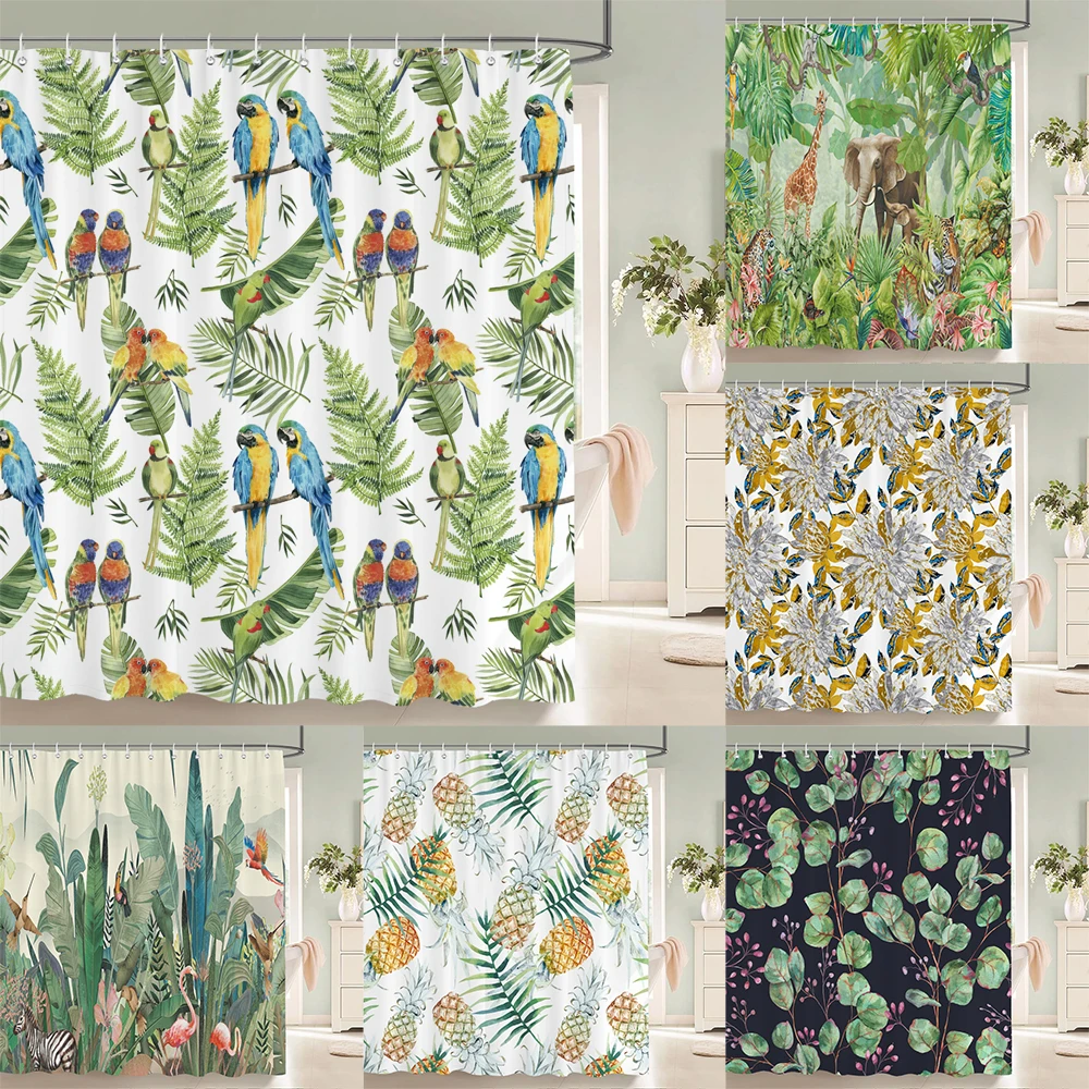 

Tropical Plants Animals Bathroom Curtains Green Leaf Plant Waterproof Polyester Shower Curtain Nordic Home Bath Room Decoration