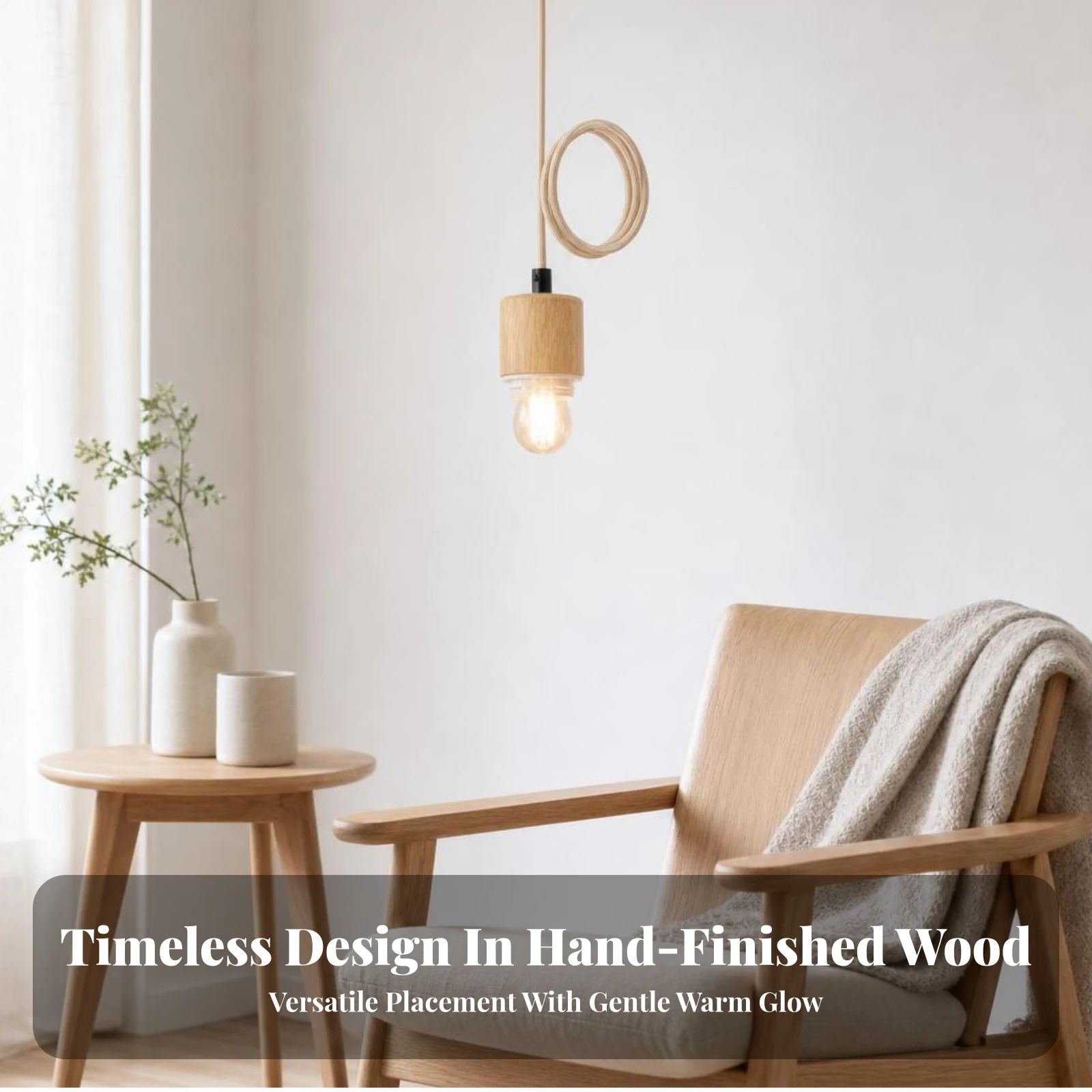 Wood Pendant Light Minimalist Single-Head Pendant Light Hanging Lamp Kit with Adjustable Cord Chic Industrial for Dining Room