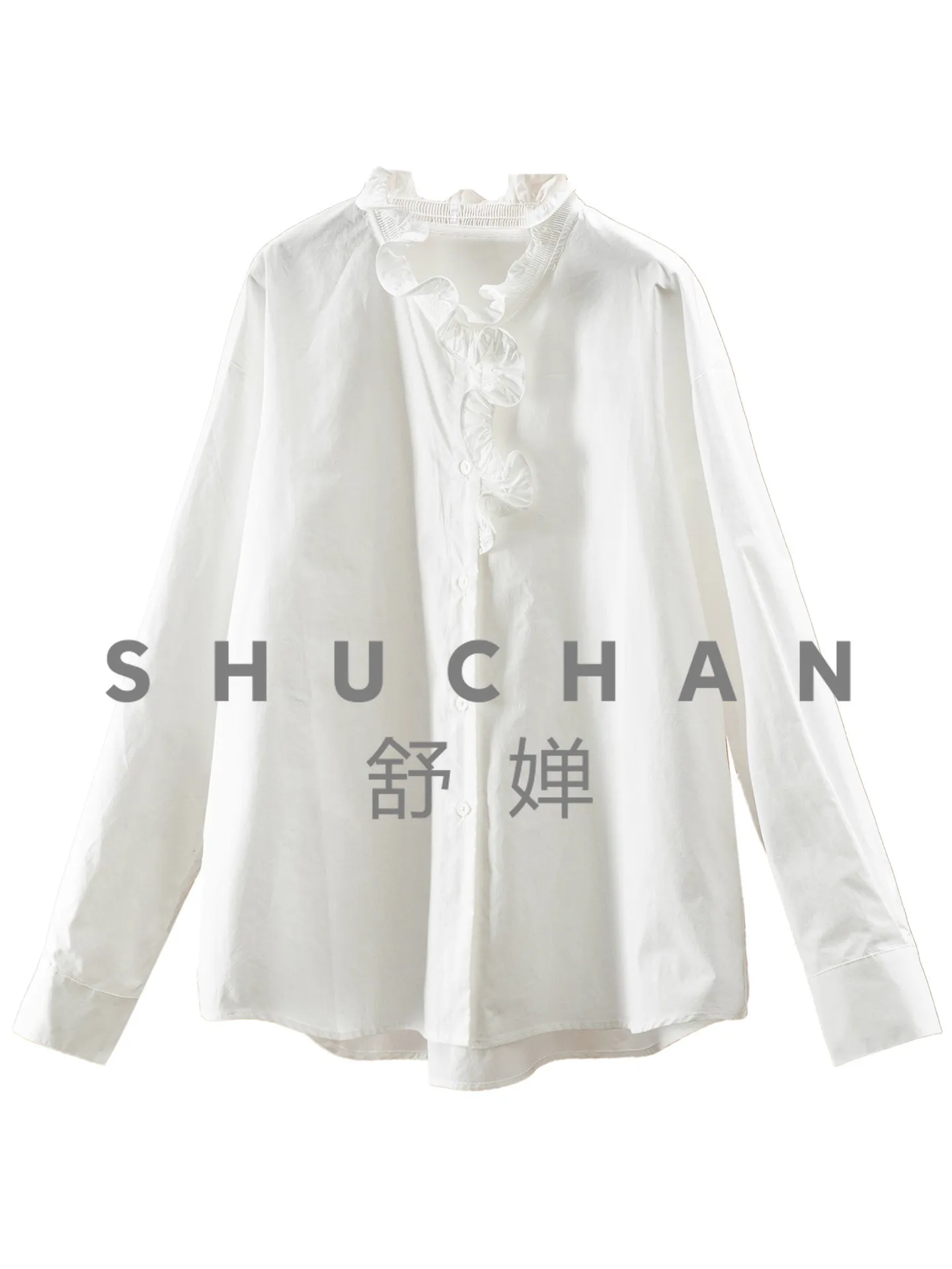 

High-count Cotton Design Ruffle Edge Stand-up Collar Arc Pendulum Shirt 09L7 Blouses for Women Fashion 2026