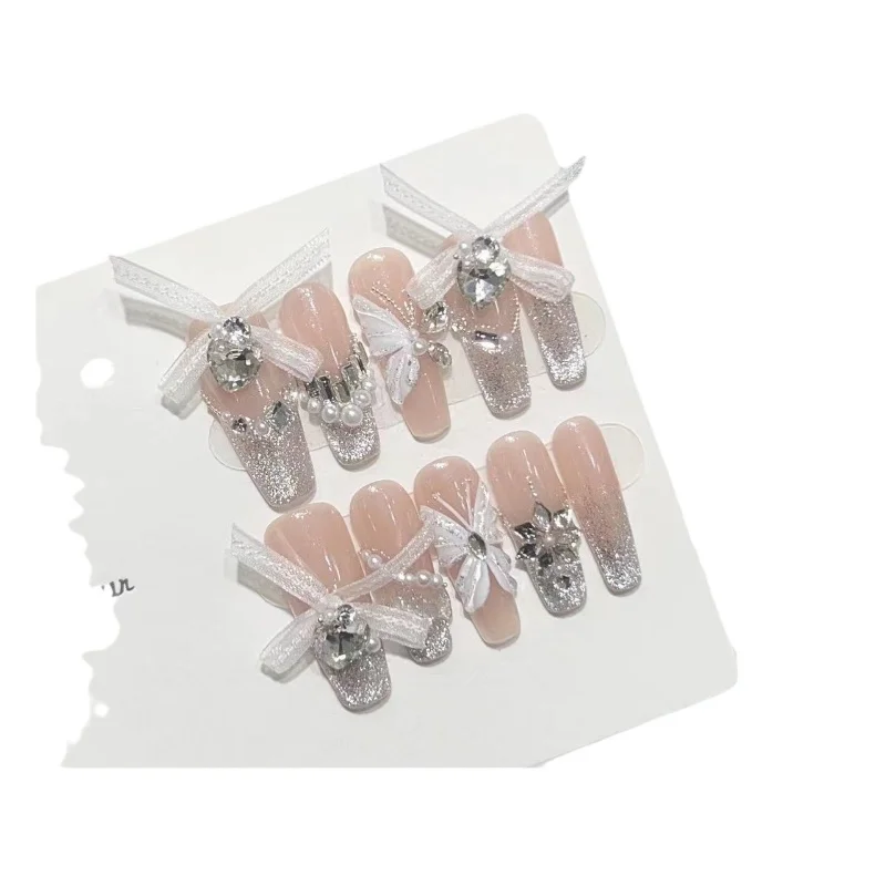 

Wear nail handmade high-end nude butterfly manicure glitter French drill fake nail patch manicure